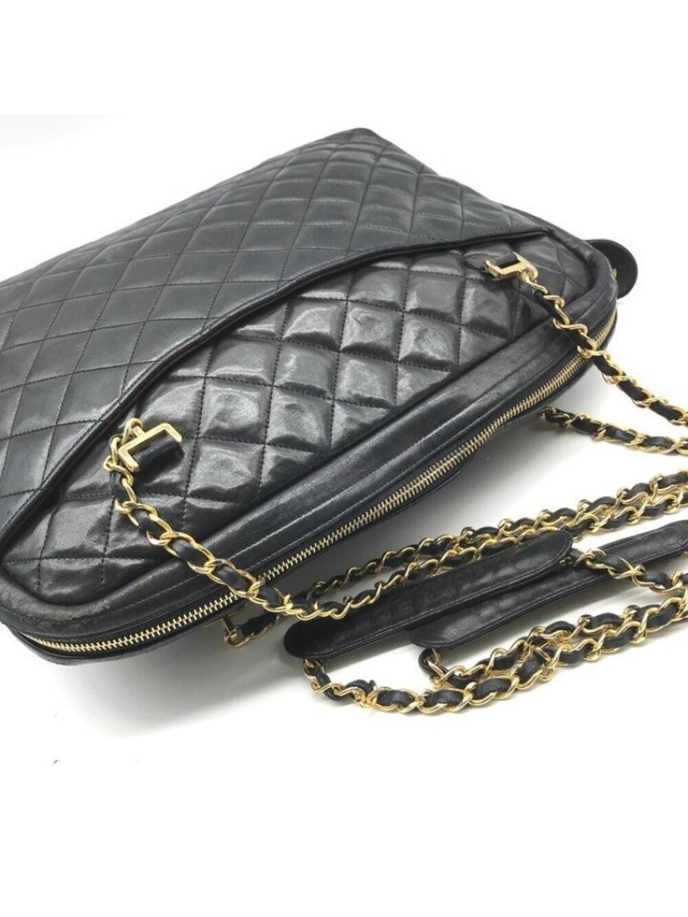 Chanel CC Logo Quilted Lambskin Chain Tote Black Purse - Picture 7 of 10